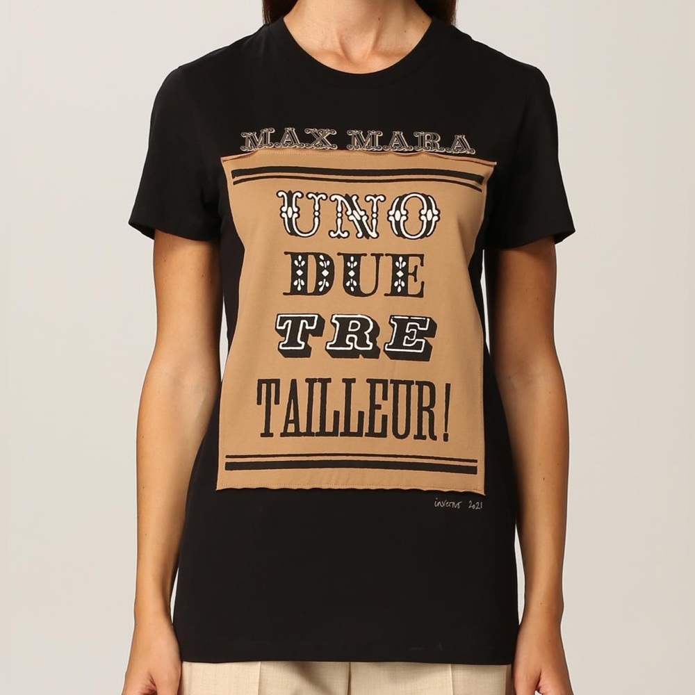 MAX MARA Polo Cotton Logo Graphic T-Shirt Crew Tee L Large Uno Due Tre Tailleur
